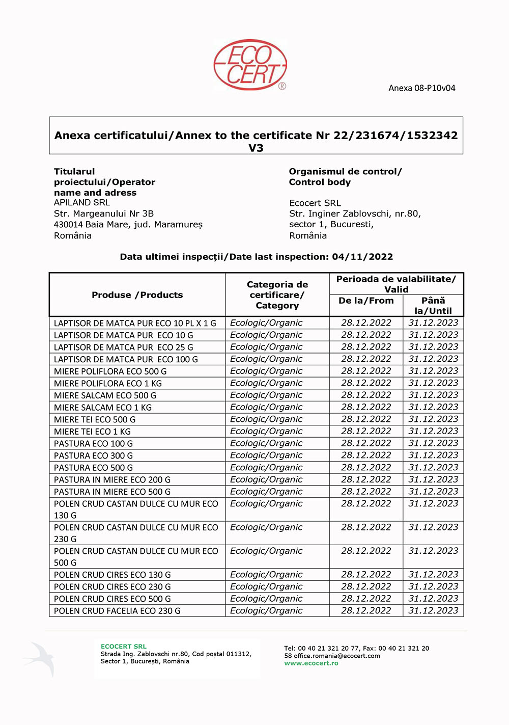 Anexa certificat Eco ApiLand